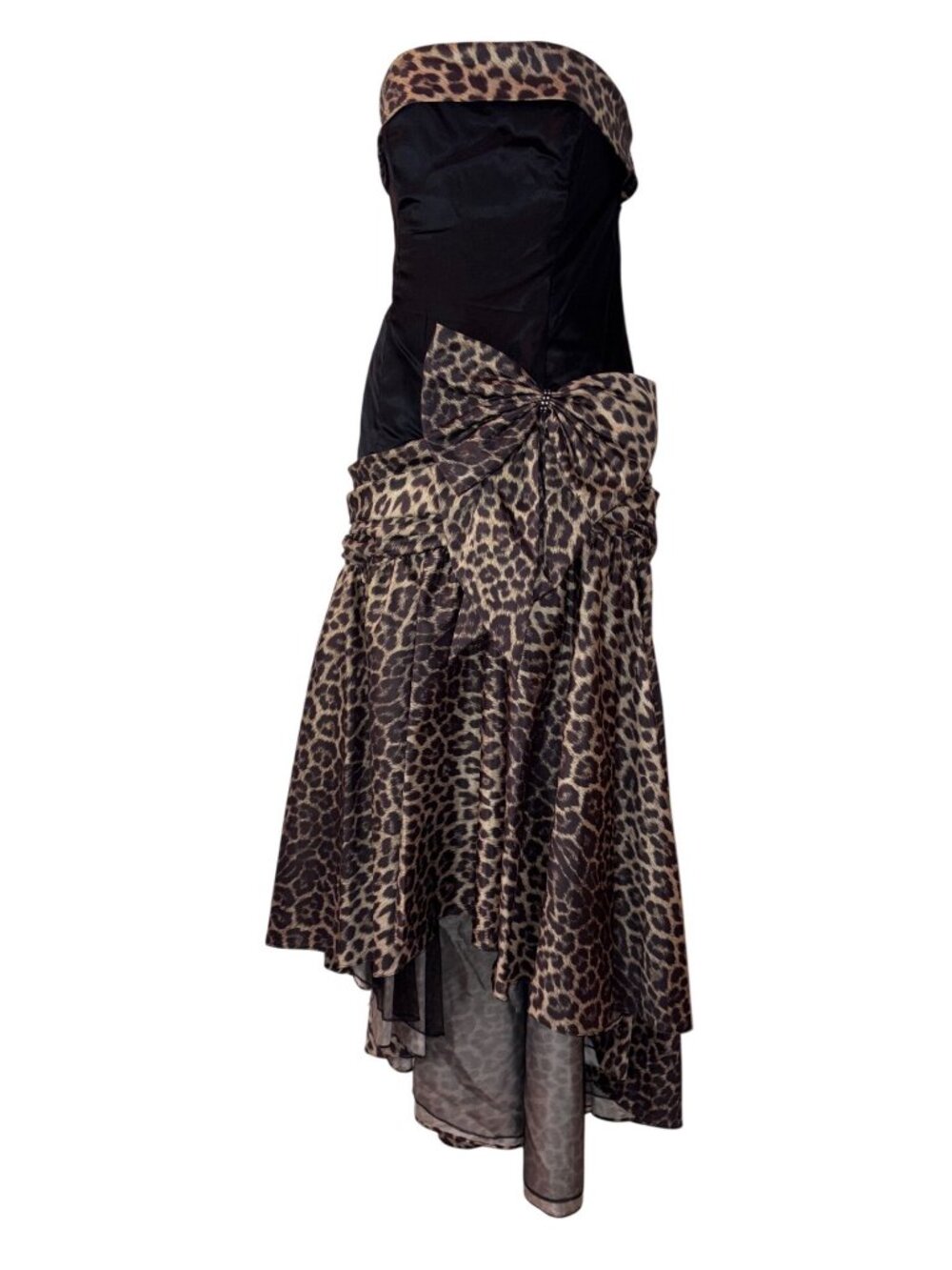 Vintage 80s San Martin Evening Gown: Strapless Black Satin Leopard Taffeta Dress